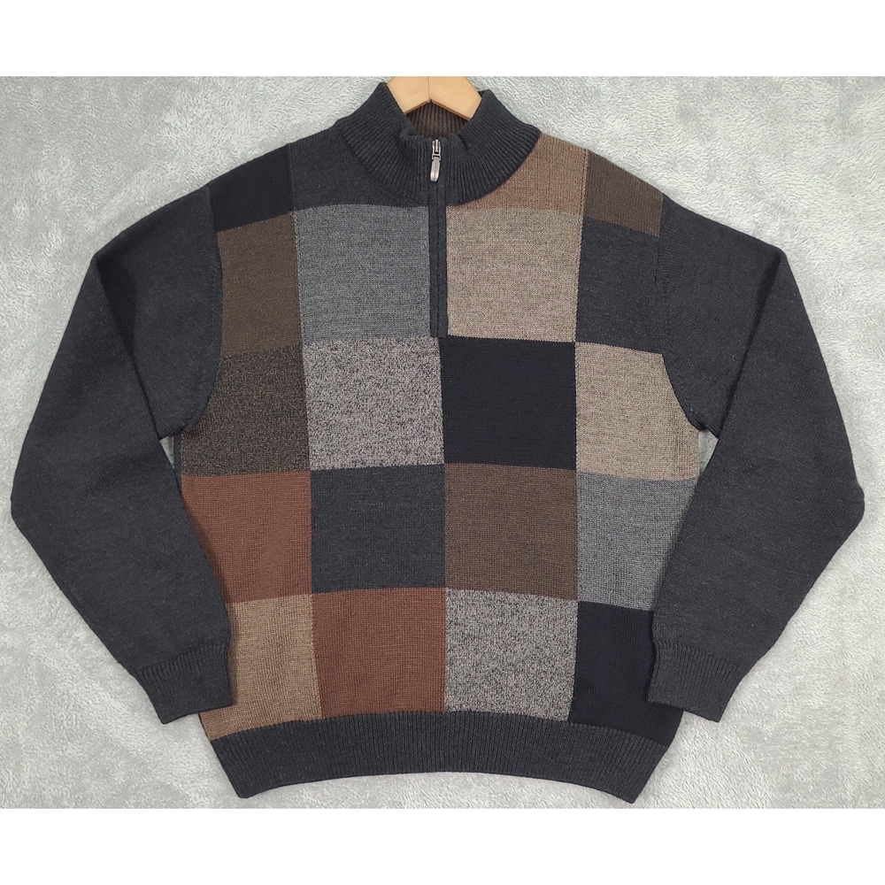 Alex Cannon Italian Yarn Wool 1/4 Zip‎ Sweater Mens Sz Med Brown Color Block
